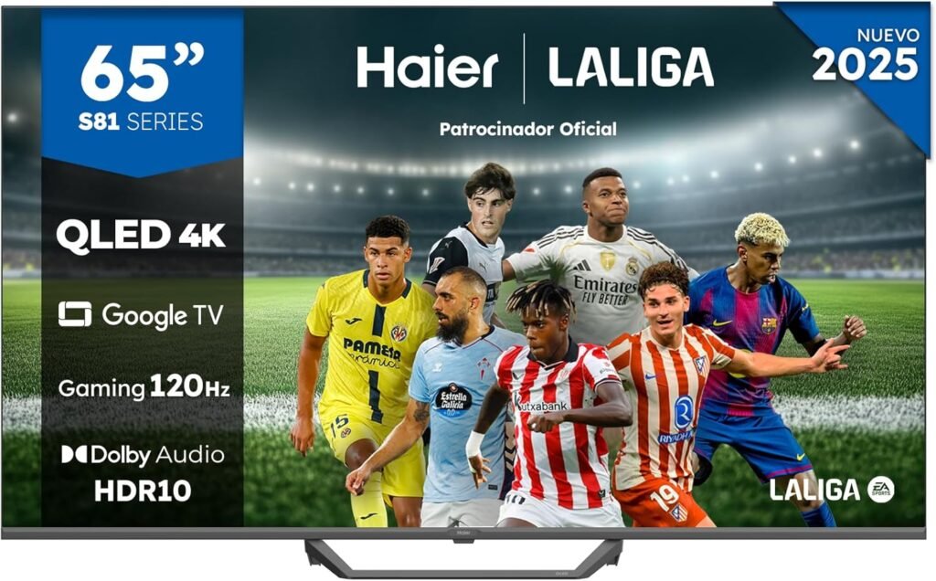 -57% 489,00€ AMAZON Haier QLED 4K UHD H65S81FUX – 65″, Smart TV, Google TV, Dolby Audio, HDR 10, Smart Remote Control, Google Assistant, Bluetooth 5.1, 120Hz Gaming, USB 2.0, DBX TV, HDMI 2.1 x 4. Hasta el 1dic.