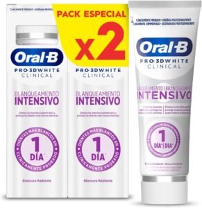 -61% 5,00€ – AMAZON – Oral-B Pro 3D White Clinical Blanqueamiento Intensivo, Elimina Las Manchas Superficiales, Dentífrico Blanqueante Con Sabor a Menta Siempreverde, 75 ml (Paquete de 2). Hasta el 9 marzo.