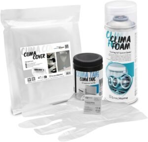 -80% 11,74€  – AMAZON – Kit de limpieza de aire acondicionado, incluye Clima Foam Limpiador espumoso, funda protectora Clima Cover, Clima Tabs 40 pastillas para aire acondicionado de acción prolungada, guantes