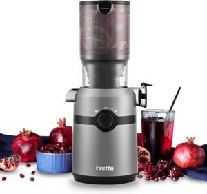 79,99€ Dto:-50% – AMAZON – Fretta Extractor de Zumos y Verduras, Apertura de 108MM y Capacidad de 1L, Licuadora Prensado en Frio para Verduras Y Frutas Enteras. 200W Slow Juicer Machine, Fácil Montaje y Limpieza, Sin BPA (Gris)