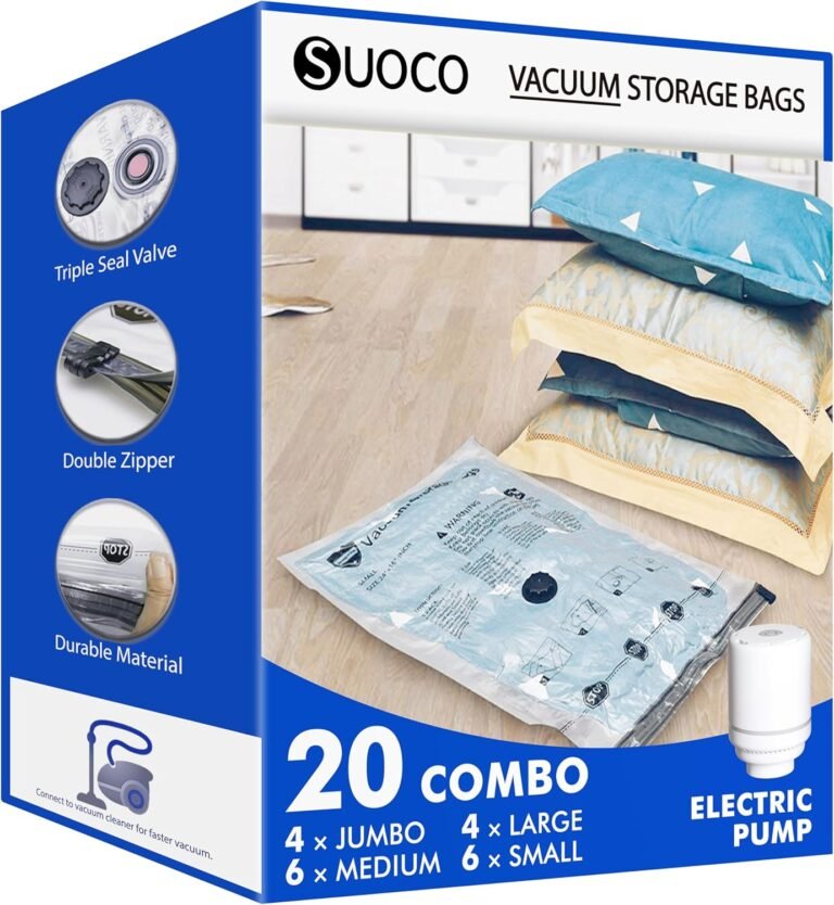 17,06€ Dto. -43% – AMAZON – SUOCO Bolsas al Vacío Ropa, Juego de 20 Bolsas (4J + 4L + 6M + 6S) con Bomba Eléctrica, Bolsas de Almacenaje al Vacío para Ropa y Edredones, Viaje y Hogar, Resistente y Reutilizable.