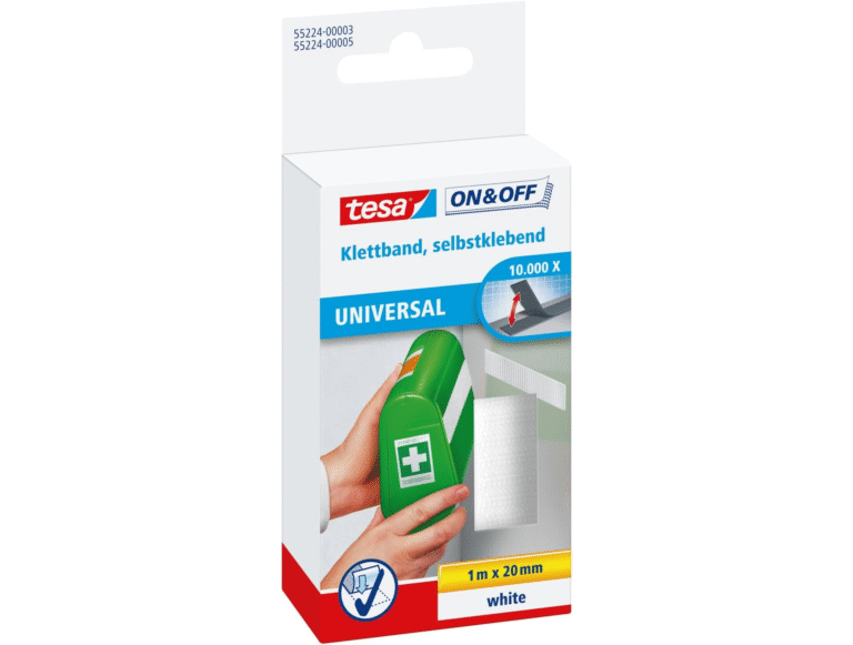 3,75€ Ahoras 51% – AMAZON – Tesa On & Off Cinta de Uso Universal, Cinta Autoadhesiva de Gancho y Bucle para la Fijación Rápida de Objetos Ligeros, Blanco, 2 cm x 100 cm. Organiza cables, fija artículos ligeros a las paredes, asegurando objetos pequeños en varios entornos como hogares, oficinas y áreas al aire libre