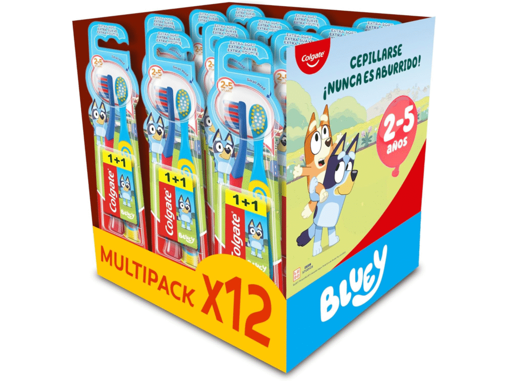 10,76€ Ahorras 61% – AMAZON – Colgate Pack 12 x 2 Cepillos de dientes Kids Bluey 2-5 años, cepillo de dientes infantil, cabezal pequeño, filamentos extra suaves para una limpieza delicada, mango redondo para un agarre cómodo. Cuenta con un agarre para el pulgar y un mango redondeado para sujetarlo cómodamente. La ventosa, añade un toque de diversión permitiéndoles pegar su cepillo de dientes al lavabo o a los azulejos