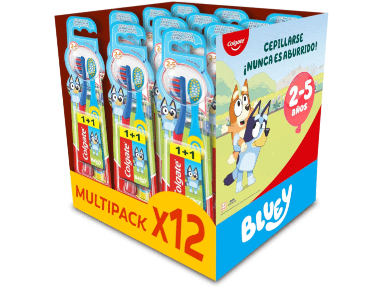 10,76€ Ahorras 61% – AMAZON – Colgate Pack 12 x 2 Cepillos de dientes Kids Bluey 2-5 años, cepillo de dientes infantil, cabezal pequeño, filamentos extra suaves para una limpieza delicada, mango redondo para un agarre cómodo. Cuenta con un agarre para el pulgar y un mango redondeado para sujetarlo cómodamente. La ventosa, añade un toque de diversión permitiéndoles pegar su cepillo de dientes al lavabo o a los azulejos