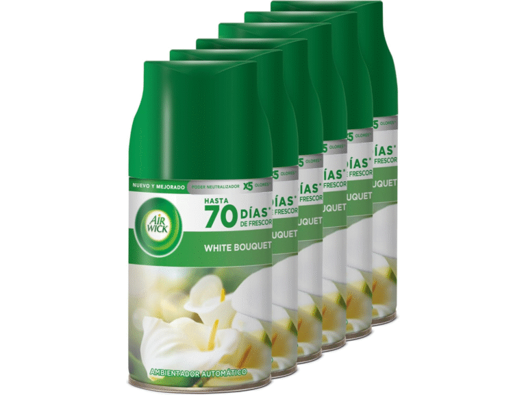 11,99€ Ahorras 54% – AMAZON – Air Wick Eléctrico – Recambios de Ambientador Automático Eléctrico, Esencia Para Casa Con Aroma a White Bouquet, Verde, 250 ml (Paquete de 6) Elimina olores y perfuma tu hogar de forma continua con un diseño elegante y portable. Aroma White Bouquet, una fragancia floral inspirada en el fresco aroma de las flores blancas recién cortadas