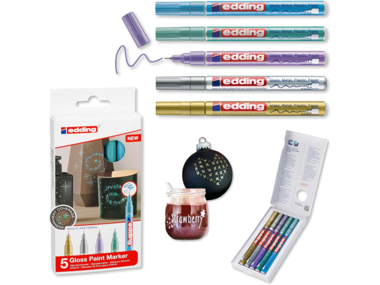 10,11€ Ahorras 57% – AMAZON – Edding 780-5 Marcadores de Tinta Opaca Brillante – Oro, Plata, Azul, Verde, Violeta (metallic) – Punta Fina 0,8 mm. Rotulador con tinta ideales para dibujar, pintar, y decorar artesanías y superficies lisas como vidrio, plástico, metal tinta opaca para resultados duraderos