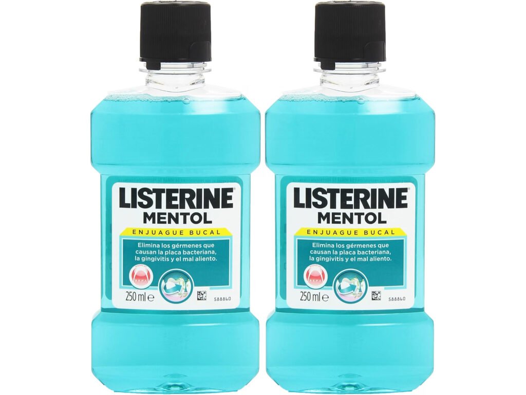 2,00€ Ahorras 65% – AMAZON – Listerine Enjuague Bucal, Mentol, 250 ml (Paquete de 2) Asegura hasta un 97% de la eliminación de bacterias que forman la placa dental: alcanza los lugares a los que el cepillo no llega Gracias a su contenido en flúor, fortalece los dientes y los protege contra las caries